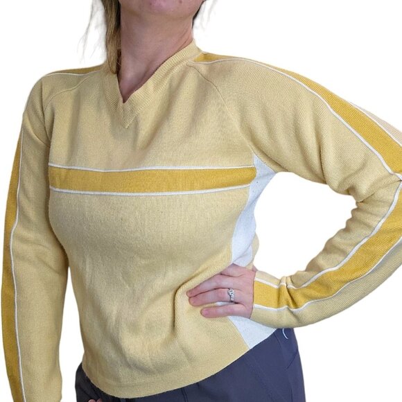 90s Obermeyer Womens Medium Yellow Sweater Ski Wool Blend Preppy Stripe Athletic - Picture 1 of 13